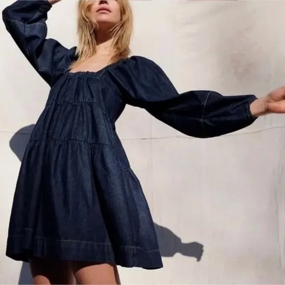 Free People Dark Denim Blue Babydoll Mini Dress - Picture 1 of 7
